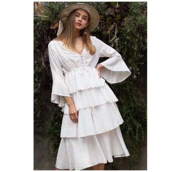 POL Dresses & Skirts - WHITE Woven Dress w/ ruffle layer & flare sleeves